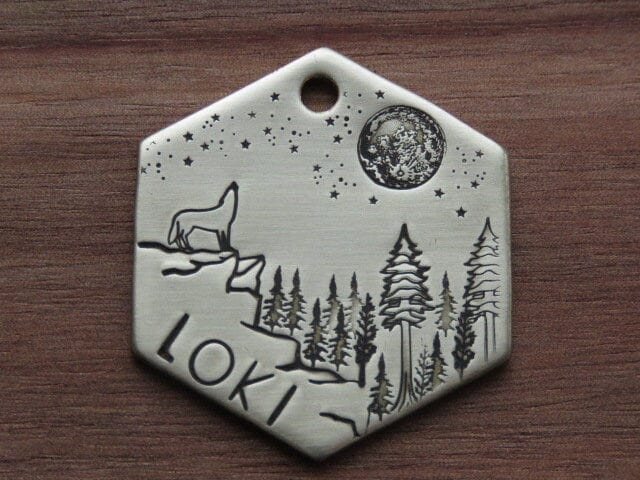 Loki howling wolf in nature themed Pet Dog Collar Tag