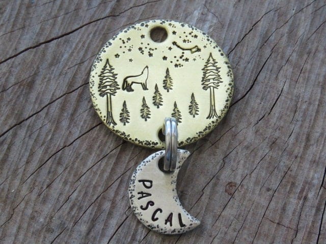 Pascal hanging double howling wolf in forest themed Pet Dog Collar Tag ...
