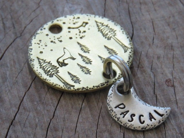 Pascal hanging double howling wolf in forest themed Pet Dog Collar Tag ...