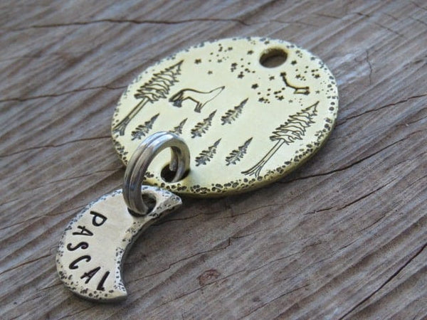 Pascal hanging double howling wolf in forest themed Pet Dog Collar Tag ...