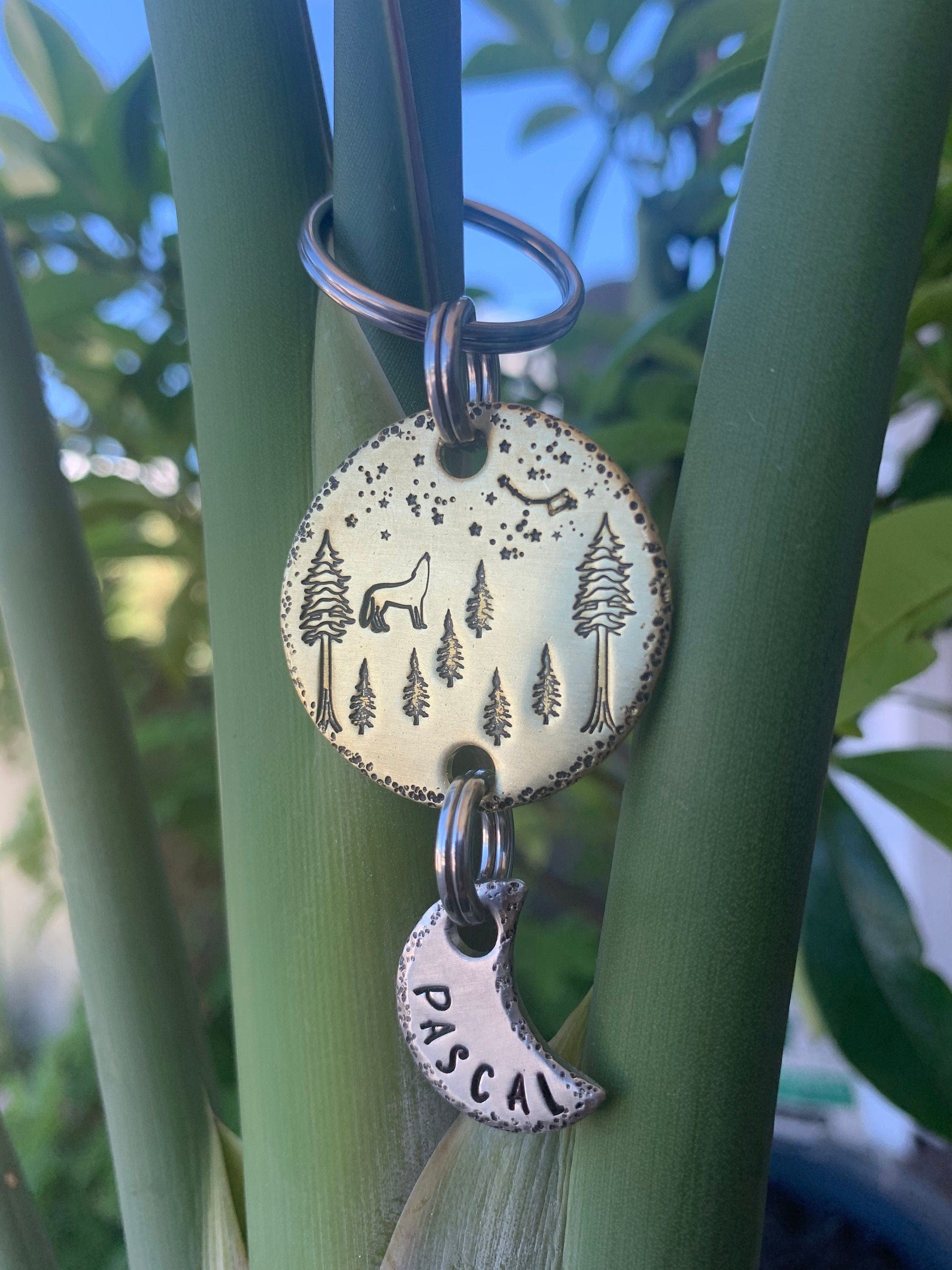 Pascal hanging double howling wolf in forest themed Pet Dog Collar Tag ...