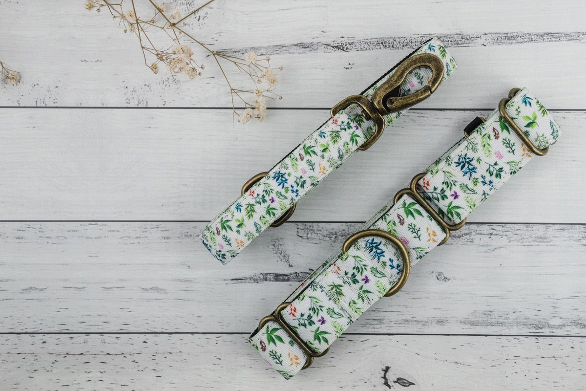 Outside Martingale Dog Collar and Leash Set - Plants and tree pattern